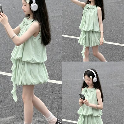 15岁女孩衣服2026新款小女孩独特漂亮套装裙子夏天薄款女童花苞裙
