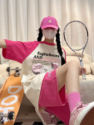 纯棉休闲运动服套装女夏新款美式复古高街潮牌印花跑步两件套ins