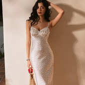 Ahagaga 时尚 复古气质波点吊带连衣裙辣妹蕾丝拼接露背欧美风长裙