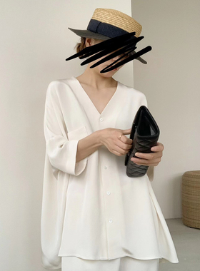 UONE定制白色V领真丝套装气质法式显瘦宽松减龄高端气质上衣裤子