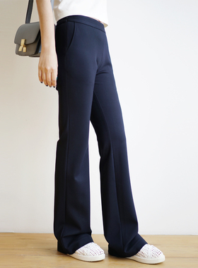 UONE定制2021春秋新款深藏蓝复古风中高腰弹力显瘦微喇裤女阔腿裤