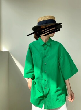 UONE手工定制纯棉白色廓形衬衣女2022夏轻熟风宽松5分袖衬衫套装