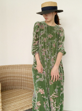 UONE手工定制长袖真丝绒连衣裙女春款女装复古烧花气质奢华长裙子