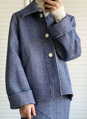 UONE定制2020毛边牛仔蓝羊毛外套短款女日系减龄宽松版简约套装潮