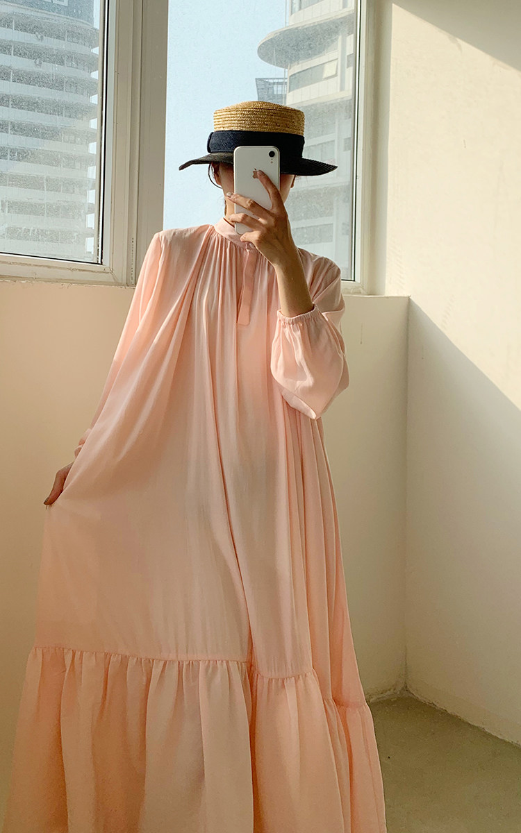 UONE手工定制牛奶丝绵长裙女2022新度假法式长款荷叶边连衣裙气质