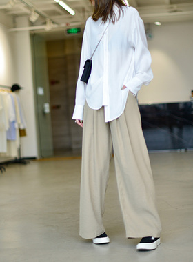 UONE定制春夏宽松阔腿裤女高腰垂感松紧腰显瘦直筒薄款大脚休闲裤