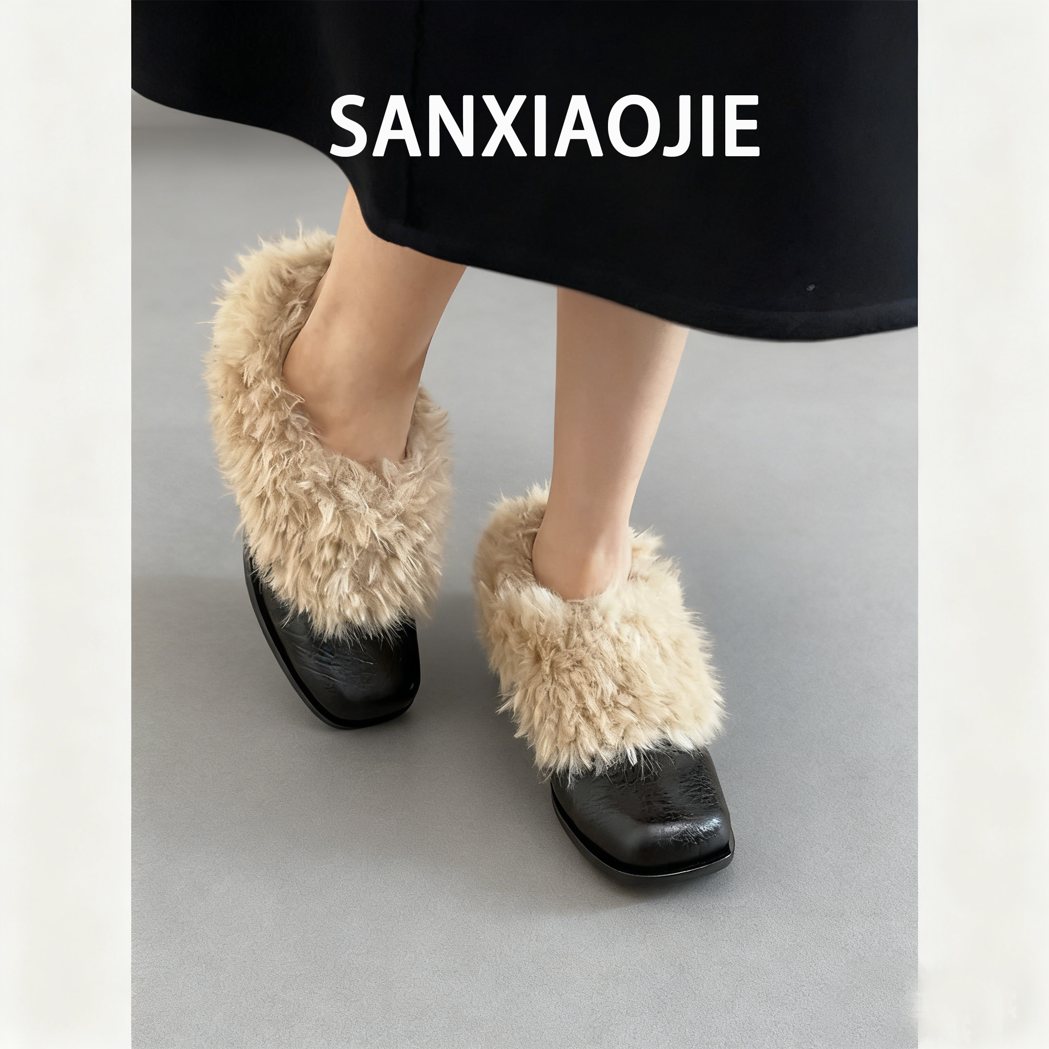 复古方头真皮单鞋女加绒保暖棉鞋毛毛气质高跟女鞋一脚蹬皮毛一体