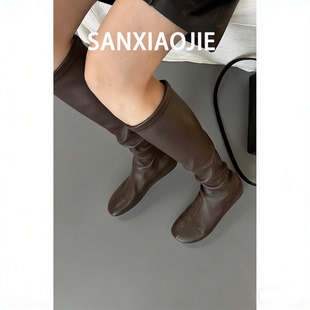 圆头弹力袜靴女2026秋冬新款 百搭平底气质套筒高筒长靴 瘦瘦靴时尚