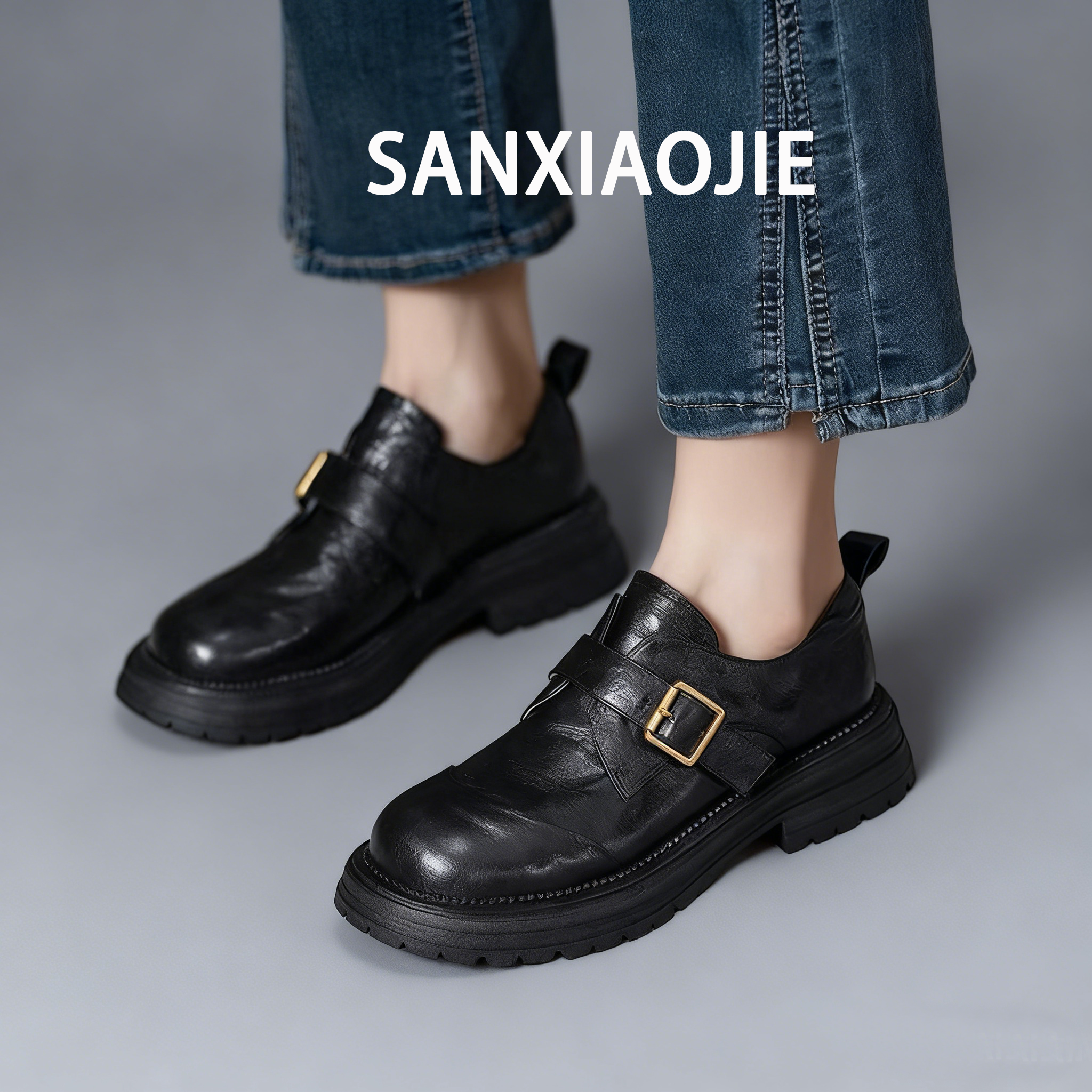 2025春新款圆头烧花镂空布洛克鞋女英伦风小皮鞋厚底双皮带扣单鞋