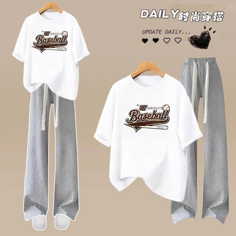 高初中生衣服夏季女童运动套装女学生休闲风短袖T恤阔腿裤两件套