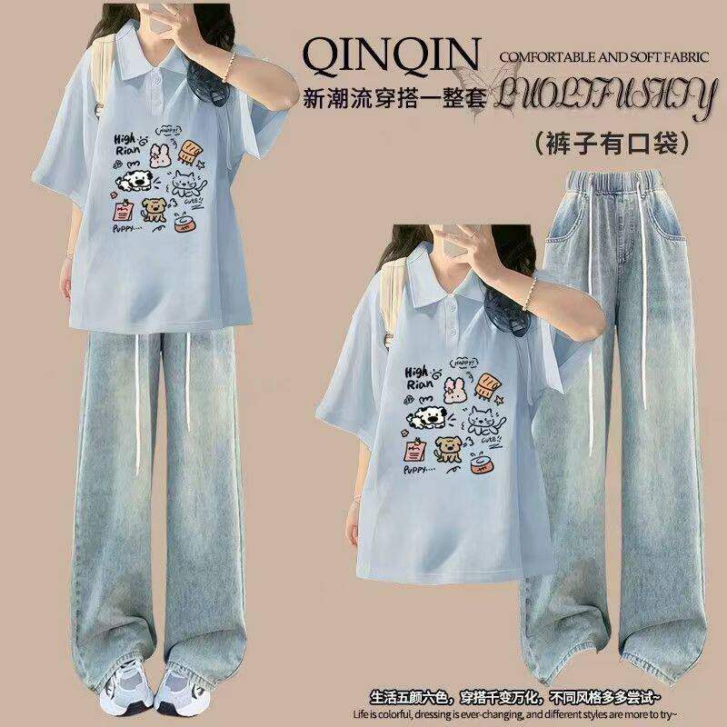 女大童衣服初中生夏季套装9-13岁女童夏天新款宽松短袖长裤两件套
