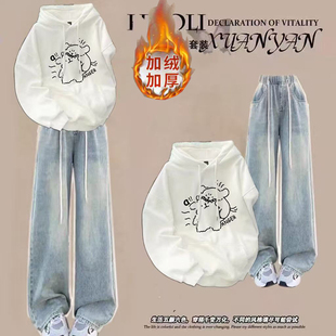 青少年女装学生初中生搭配套装冬装新款加绒连帽卫衣牛仔裤两件套