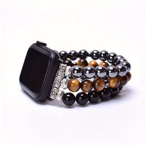 适用苹果S10黑胆石Aapple watch 7/8代跨境串珠表带波西米亚风