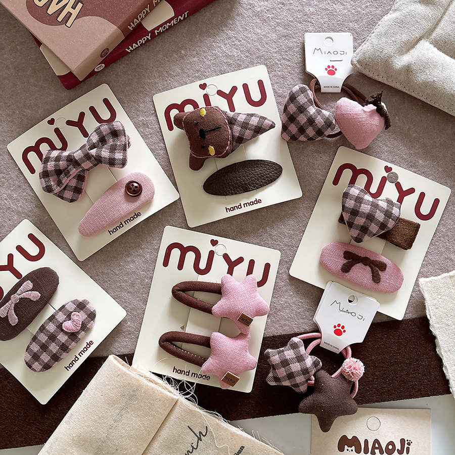 韩版布艺甜美咖粉色儿童蝴蝶结侧边发夹刘海发卡格子星星发绳发饰