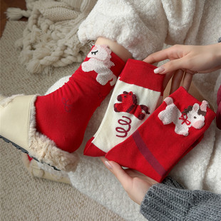 属马红袜子袜子可爱红色植绒卡通本命年爆款中筒ins喜庆新年长袜