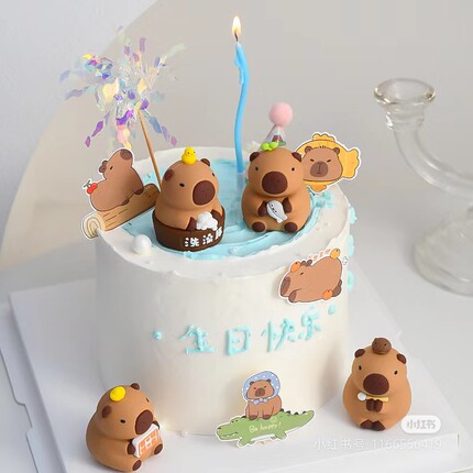 生日蛋糕装饰可爱豚鼠卡皮巴拉摸鱼洗澡豚烘焙摆件插件4款搪胶