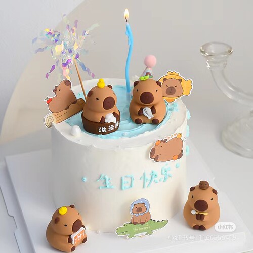 生日蛋糕装饰可爱豚鼠卡皮巴拉摸鱼洗澡豚烘焙摆件插件4款搪胶