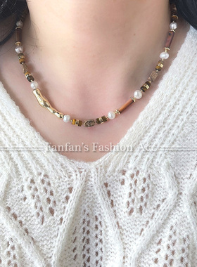 天然珍珠虎眼石串珠项链