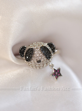 精工分色电镀优质萌宠熊猫戒指女时尚可爱个性食指戒锆石满钻戒子