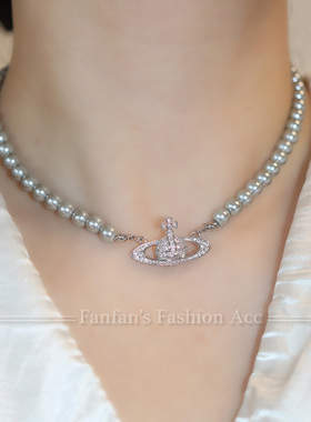 镀金锆石仿珍珠灰色项链