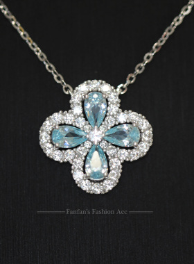 925银镀金项链海蓝闪钻十字花吊坠女轻奢小众设计感高级锁骨链新