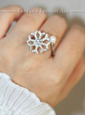 韩版会转动的满钻雪花开口戒指