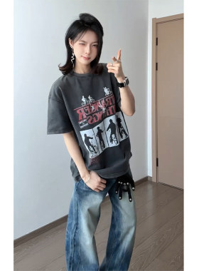 大码美式vintage水洗印花短袖男夏季复古印花纯棉t恤重磅硬挺上衣
