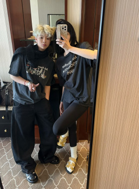 大码300斤美式棉质纯色印花小狗图案休闲tee潮牌男女同款百搭短袖