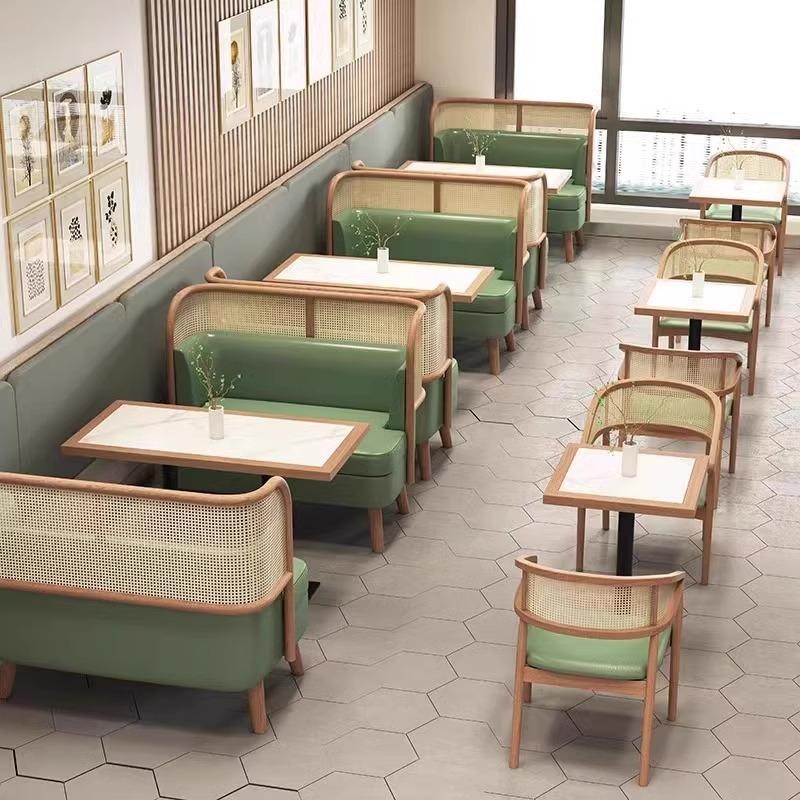 定制新中式主题饭店西餐厅火锅桌椅组合商用实木编藤餐饮卡座沙发
