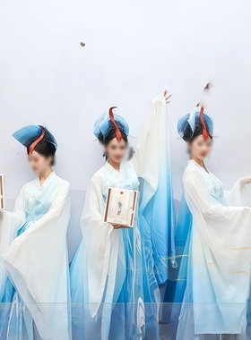 汉唐广袖古典舞《瑞鹤归》蓝色渐变女子群舞开场舞演出服定制