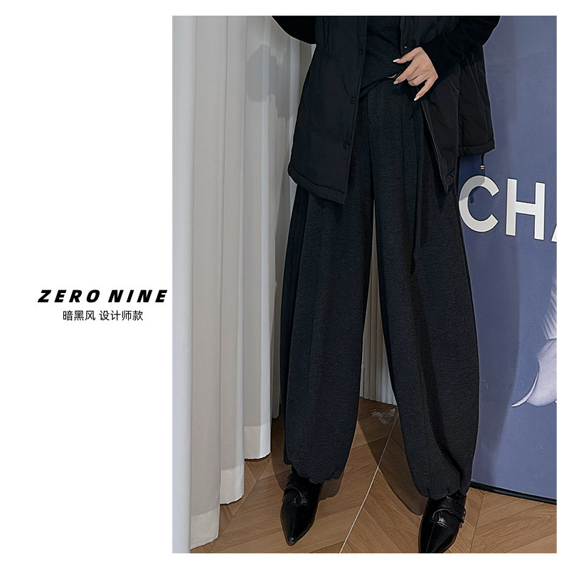 Dan Dan 暗黑风系带阔腿裤女 灰色松紧腰小众腰封设计感休闲裤子