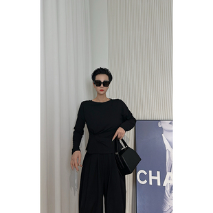 Dan 显气质圆领T恤女 黑色修身