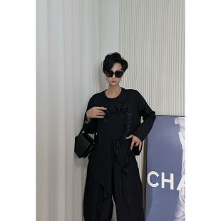 Dan 卫衣女 黑色立体花朵长袖