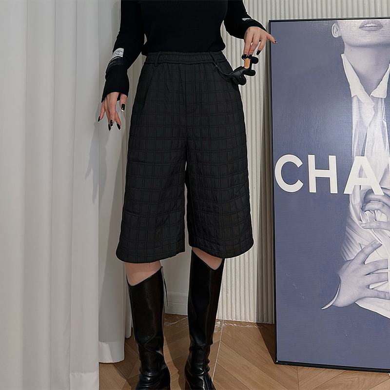 Dan Dan 黑色格纹压线棋盘裤女 夹棉时尚五分裤子