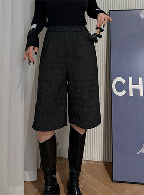 Dan Dan 黑色格纹压线棋盘裤女 夹棉时尚五分裤子