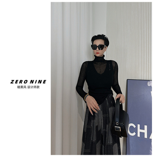 黑色性感显身材高级感打底衫 女 高领微透针织衫 Dan