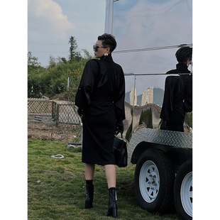 蛋爷法式黑色连衣裙女冬新款高级感半高领气质百搭宽松显瘦长裙子