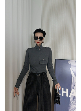 Dan Dan 灰色帅气炸街风长袖高领上衣女 纽扣设计 显气质T恤