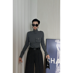 纽扣设计 高领上衣女 显气质T恤 灰色帅气炸街风长袖 Dan