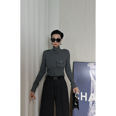 Dan Dan 灰色帅气炸街风长袖高领上衣女 纽扣设计 显气质T恤