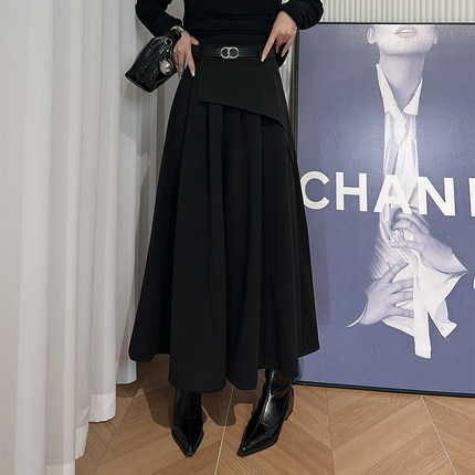 Dan Dan 黑色毛呢A字半身裙女高腰半身裙女