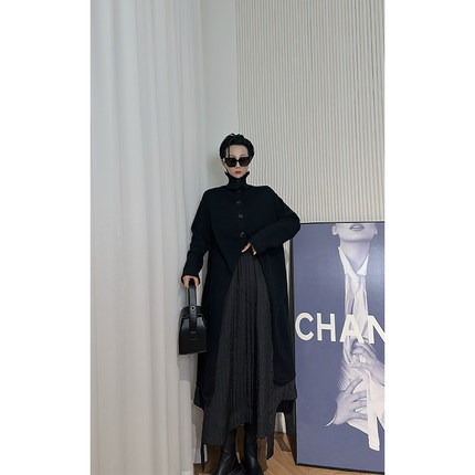 Dan Dan 黑色立领中长款毛衣女 中长款开叉极简风针织外套