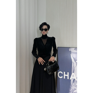 Dan 丝绒上衣女 黑色领口拼接镂空性感长袖