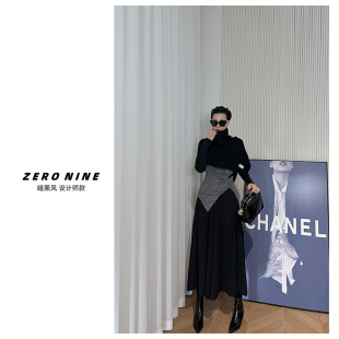 暗黑风高领拼色针织衫 打底衫 女 长袖 黑色修身 Dan