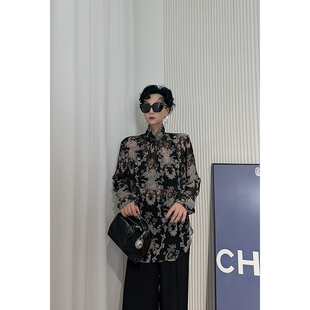 女 衬衫 Dan 黑色复古花色长袖