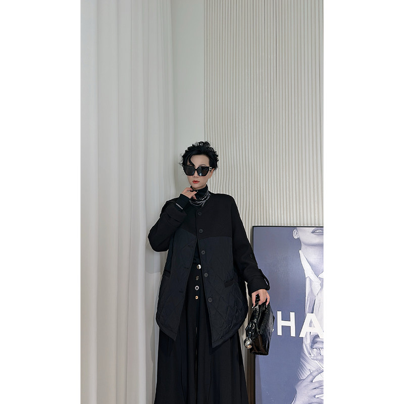 Dan Dan 黑色呢子拼接棉服外套女 中长款复古小众棉衣