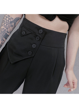 蛋爷黑色休闲四粒扣裤子女2023年夏季薄款高腰百搭显瘦显高休闲裤