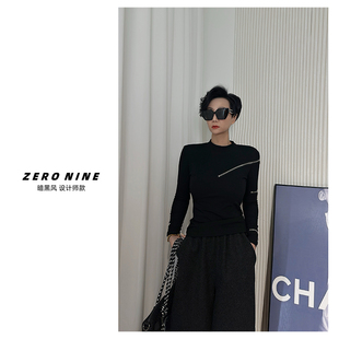 长袖 拉链修身 上衣 黑色极简风圆领T恤女 Dan