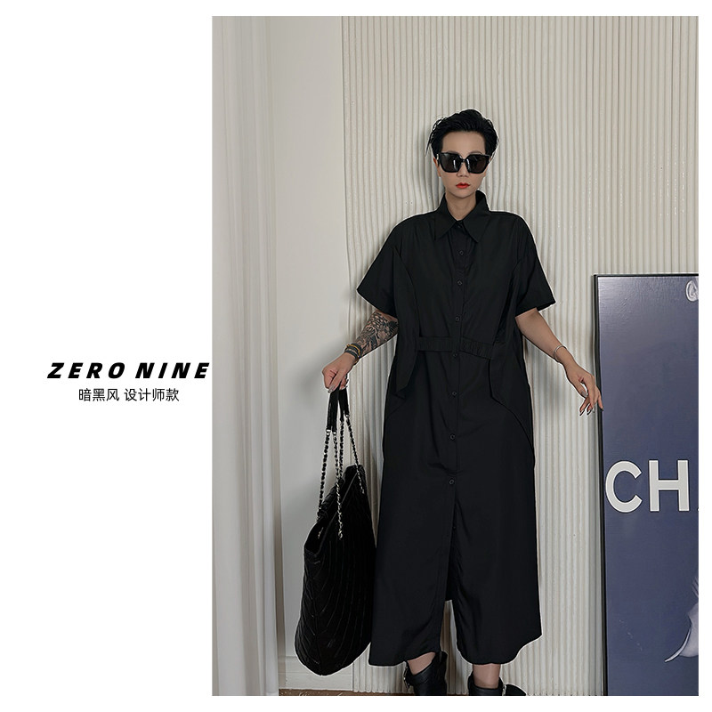 Dan Dan 暗黑风衬衫连衣裙女 黑色宽松收腰中长款裙子