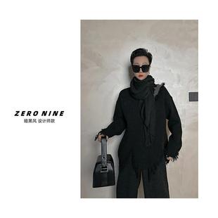 下摆不规则毛衫 秋冬新款 黑色破坏感慵懒风流苏毛衣女 Dan